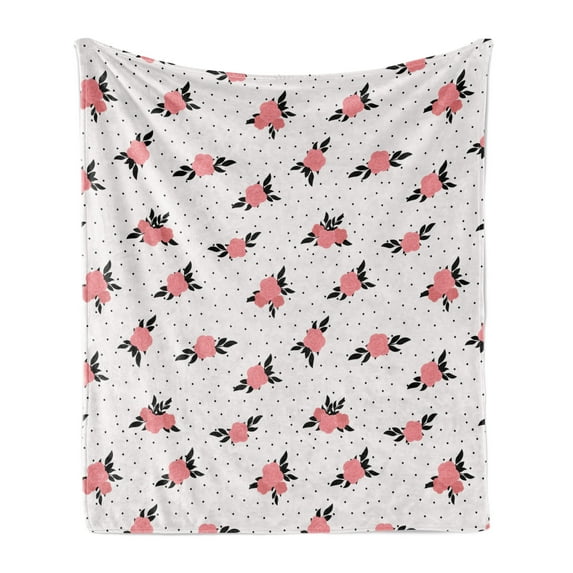 Floral Soft Flannel Fleece Throw Blanket, Rose Bouquets with Leaves on a Background of Dots, Cozy Plush for Indoor and Outdoor Use, 60" x 80", Coral Baby Pink, by Ambesonne