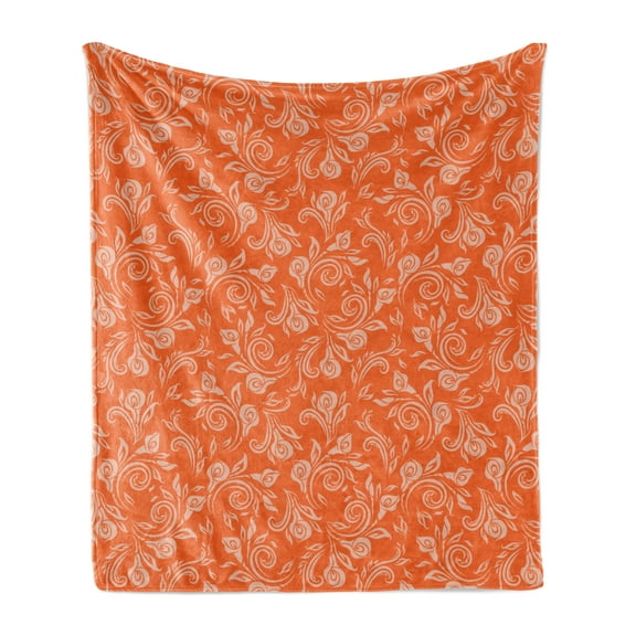Floral Soft Flannel Fleece Throw Blanket, Rose Bouquets Pattern as Swirly Branches Leaves Classical Flourish, Cozy Plush for Indoor and Outdoor Use, 60" x 80", Pale Tan and Burnt Orange, by Ambesonne