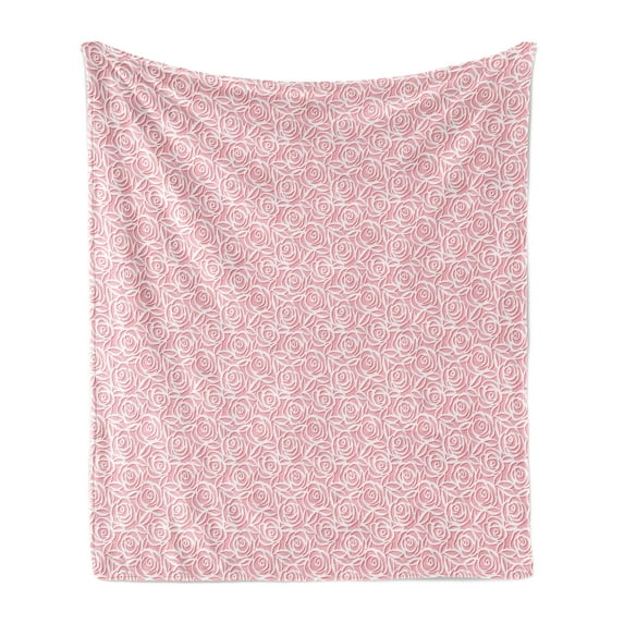 Floral Soft Flannel Fleece Throw Blanket, Rose Motifs with Leaves on Blush Background Romantic, Cozy Plush for Indoor and Outdoor Use, 60" x 80", Pale Pink Dark Coral, by Ambesonne