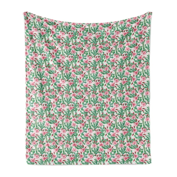 Floral Soft Flannel Fleece Throw Blanket, Roses with Thorns Rosebuds Cactus Wild Plants Art on Plain Background, Cozy Plush for Indoor and Outdoor Use, 70" x 90", Fern Green Pastel Pink, by Ambesonne