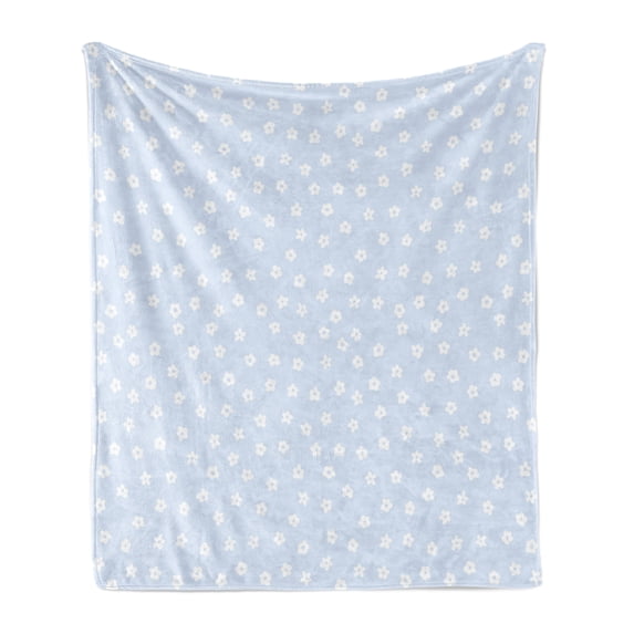 Floral Soft Flannel Fleece Throw Blanket, Scattered Small Spring Blossoms Pattern Wild Flowers Design Nature Print, Cozy Plush for Indoor and Outdoor Use, 50" x 60", Baby Blue and White, by Ambesonne