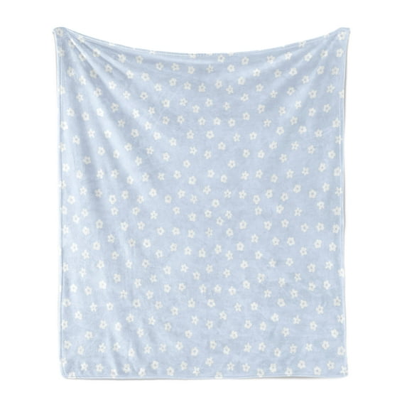 Floral Soft Flannel Fleece Throw Blanket, Scattered Small Spring Blossoms Pattern Wild Flowers Design Nature Print, Cozy Plush for Indoor and Outdoor Use, 70" x 90", Baby Blue and White, by Ambesonne