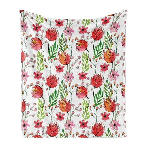 Floral Soft Flannel Fleece Throw Blanket, Scribbles of Flowers and Leaves in Watercolor Effect, Cozy Plush for Indoor and Outdoor Use, 70" x 90", Pink Green, by Ambesonne