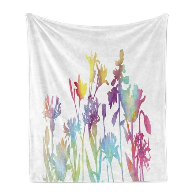 Floral Soft Flannel Fleece Throw Blanket, Silhouette Look Color Change Floral Modern Watercolor Prairie Spring Look, Cozy Plush for Indoor and Outdoor Use, 60" x 80", Multicolor, by Ambesonne