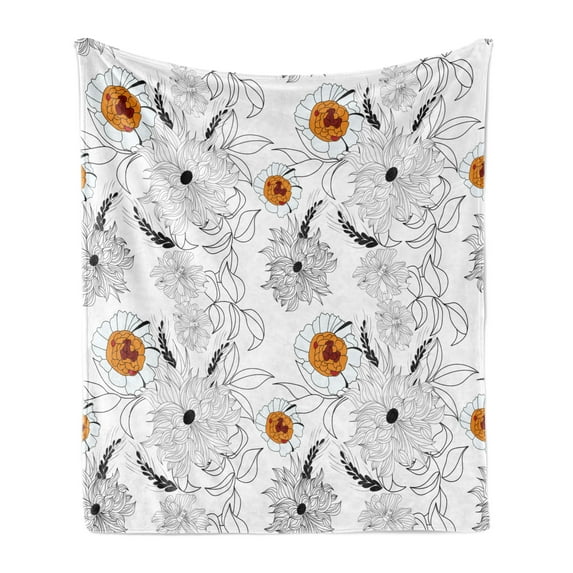 Floral Soft Flannel Fleece Throw Blanket, Simplistic Flower Petals Nature Beauty Florets Growth Illustration, Cozy Plush for Indoor and Outdoor Use, 70" x 90", Baby Blue Orange, by Ambesonne