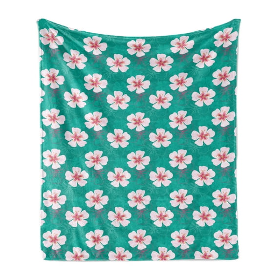Floral Soft Flannel Fleece Throw Blanket, Simplistic Garden Flower Motifs Pale Silhouettes and Outlines, Cozy Plush for Indoor and Outdoor Use, 70" x 90", Baby Pink Turquoise, by Ambesonne