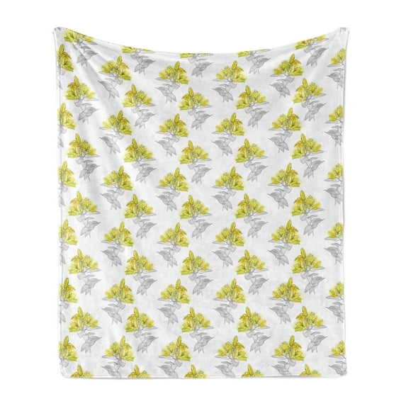 Floral Soft Flannel Fleece Throw Blanket, Sketch of Lily Flowers Gardening Plants Summer Meadow Field, Cozy Plush for Indoor and Outdoor Use, 60" x 80", Yellow Grey, by Ambesonne