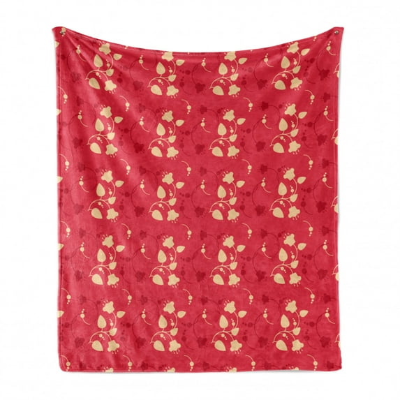 Floral Soft Flannel Fleece Throw Blanket, Spring Essential Silhouette Style Abstract Wild Flowers and Leaves, Cozy Plush for Indoor and Outdoor Use, 70" x 90", Dark Coral Vermilion, by Ambesonne