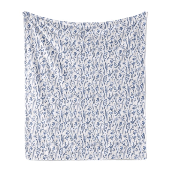 Floral Soft Flannel Fleece Throw Blanket, Spring Flowers and Herbs Narcissus Lily Hellebore Snowdrop Crocus Print, Cozy Plush for Indoor and Outdoor Use, 50" x 70", Dark Blue and White, by Ambesonne