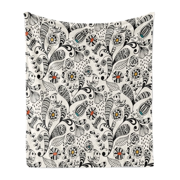 Floral Soft Flannel Fleece Throw Blanket, Spring Foliage with Oriental Persian Effects Plants Nature Inspired, Cozy Plush for Indoor and Outdoor Use, 70" x 90", Cream Grey, by Ambesonne