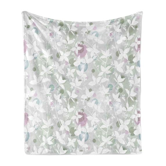 Floral Soft Flannel Fleece Throw Blanket, Spring Seamless Pattern with Flowers in Vintage Style Artwork Print, Cozy Plush for Indoor and Outdoor Use, 50" x 70", White and Reseda Green, by Ambesonne