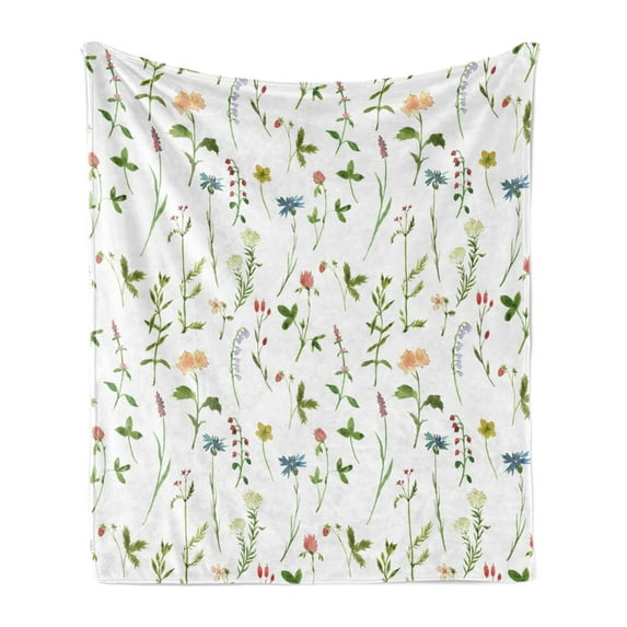 Floral Soft Flannel Fleece Throw Blanket, Spring Season Themed Watercolors Painting of Herbs Flowers Botany Garden Artwork, Cozy Plush for Indoor and Outdoor Use, 60" x 80", Multicolor, by Ambesonne