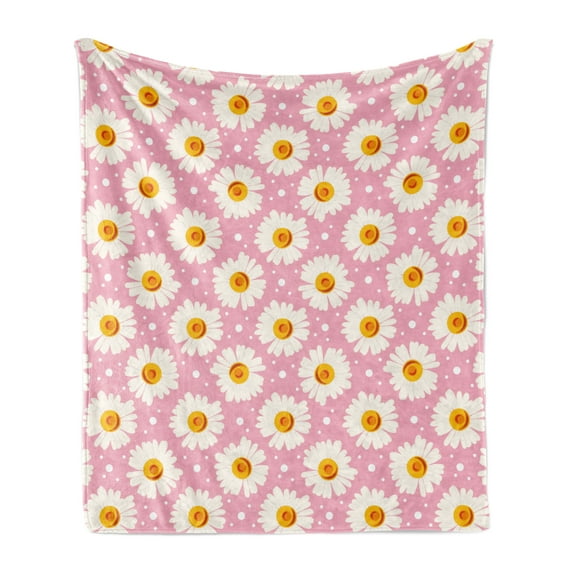 Floral Soft Flannel Fleece Throw Blanket, Spring Theme Daisy Flowers Pattern Along Small Circles in Soft Colors, Cozy Plush for Indoor and Outdoor Use, 60" x 80", Pale Pink Orange White, by Ambesonne