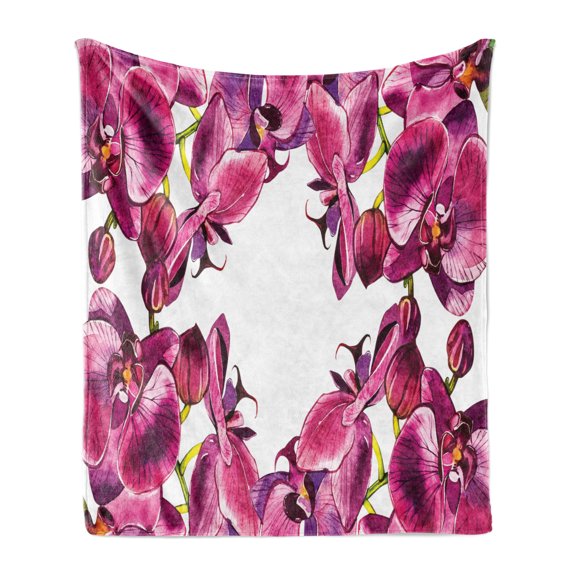 Floral Soft Flannel Fleece Throw Blanket, Spring Theme Romantic Watercolor Fresh Orchids on Plain Background, Cozy Plush for Indoor and Outdoor Use, 70" x 90", Magenta Violet, by Ambesonne