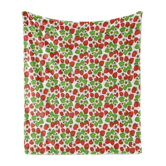Floral Soft Flannel Fleece Throw Blanket, Strawberries with Flowers and Leaves Summer Season Themed Eating Food, Cozy Plush for Indoor and Outdoor Use, 70" x 90", Vermilion Green Pink, by Ambesonne