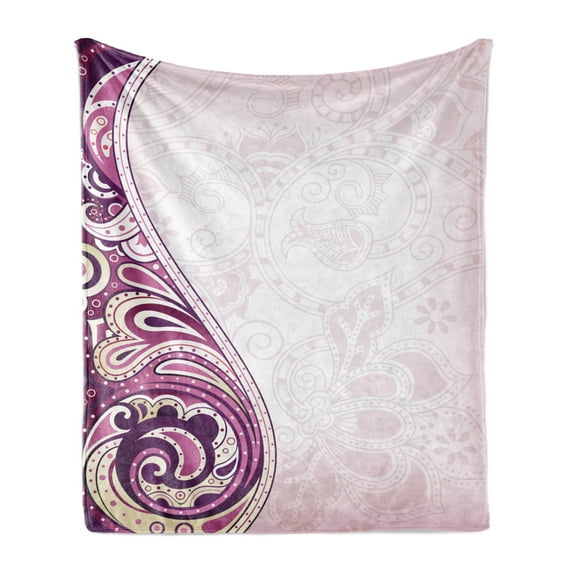 Floral Soft Flannel Fleece Throw Blanket, Swirled Curved Petals Motif Oriental Design, Cozy Plush for Indoor and Outdoor Use, 70" x 90", Pale Pink Fuchsia Plum, by Ambesonne