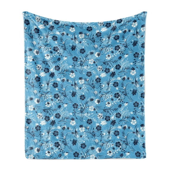 Floral Soft Flannel Fleece Throw Blanket, Swirled Mix Flower Petals Background Shabby Form Style Classical Image, Cozy Plush for Indoor and Outdoor Use, 70" x 90", Dark Blue White, by Ambesonne