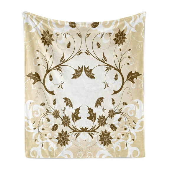 Floral Soft Flannel Fleece Throw Blanket, Swirled Petals Leaf Classic Blooms Florets Background Design, Cozy Plush for Indoor and Outdoor Use, 50" x 60", Cream Redwood White, by Ambesonne