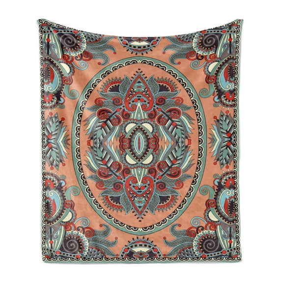 Floral Soft Flannel Fleece Throw Blanket, Theme Ukrainian Carpet Design with Flowers Paisley Pattern Illustration, Cozy Plush for Indoor and Outdoor Use, 50" x 60", Salmon Sky Blue, by Ambesonne