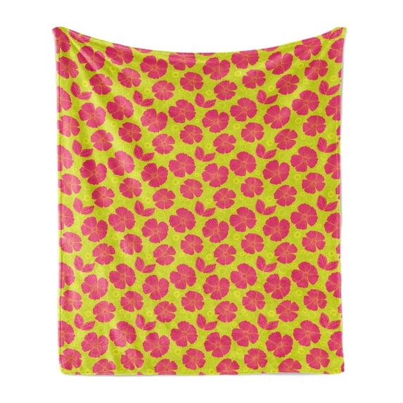 Floral Soft Flannel Fleece Throw Blanket, Top View Graphical Design of Colorful Dainty Summer Flowers, Cozy Plush for Indoor and Outdoor Use, 70" x 90", Yellow Green Hot Pink, by Ambesonne