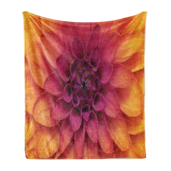 Floral Soft Flannel Fleece Throw Blanket, Top View Macro Shot of Dahlia Petals Scene, Cozy Plush for Indoor and Outdoor Use, 70" x 90", Magenta Apricot, by Ambesonne
