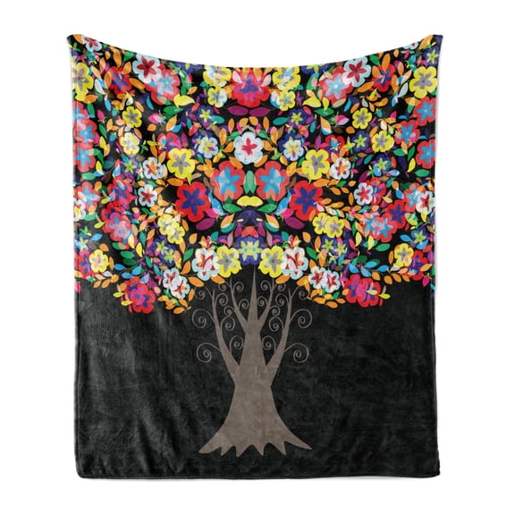 Floral Soft Flannel Fleece Throw Blanket, Tree with Flower Blossom Branches Vivid Nature Summer Season Graphic Print, Cozy Plush for Indoor and Outdoor Use, 50" x 70", Multicolor, by Ambesonne