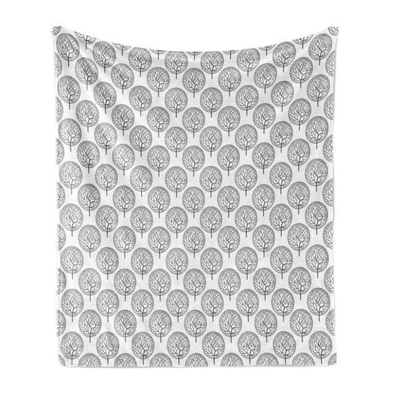 Floral Soft Flannel Fleece Throw Blanket, Tree Pattern with Leaves Inside Circles Monochrome Mother Earth Illustration, Cozy Plush for Indoor and Outdoor Use, 50" x 60", Grey White, by Ambesonne
