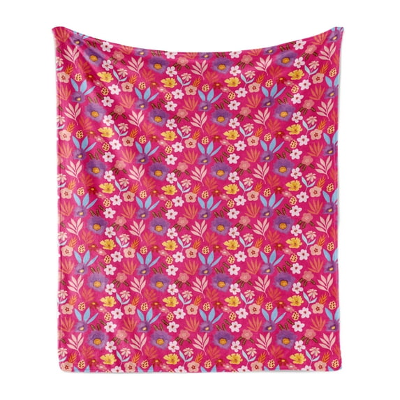 Floral Soft Flannel Fleece Throw Blanket, Tropical Illustration of Vibrant Flowers Palm Leaves and Other Plantation, Cozy Plush for Indoor and Outdoor Use, 50" x 70", Magenta Multicolor, by Ambesonne