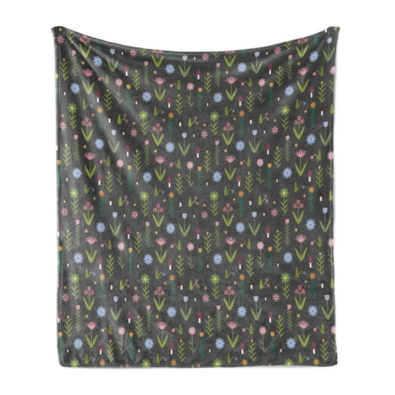 Floral Soft Flannel Fleece Throw Blanket, Tulips Iris Daisy Rose Petals Forest Mushroom Childish Pattern, Cozy Plush for Indoor and Outdoor Use, 50" x 60", Olive Green Dried Rose, by Ambesonne