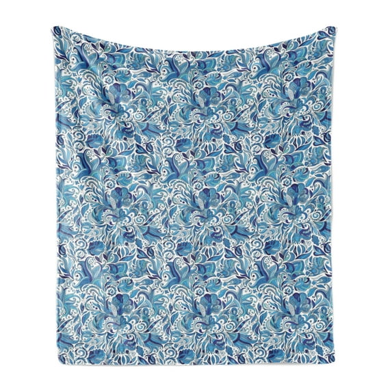 Floral Soft Flannel Fleece Throw Blanket, Turkish Ceramic Art Swirled Nature Leaves Middle Eastern Design Print, Cozy Plush for Indoor and Outdoor Use, 50" x 70", Blue Navy and Green, by Ambesonne
