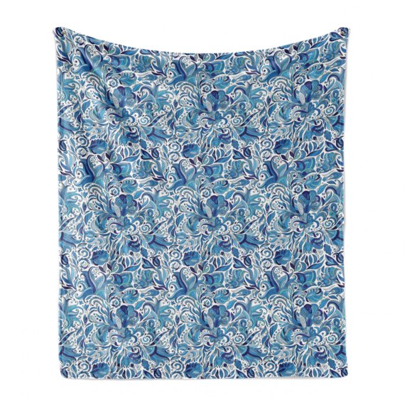 Floral Soft Flannel Fleece Throw Blanket, Turkish Ceramic Art Swirled Nature Leaves Middle Eastern Design Print, Cozy Plush for Indoor and Outdoor Use, 60" x 80", Blue Navy and Green, by Ambesonne