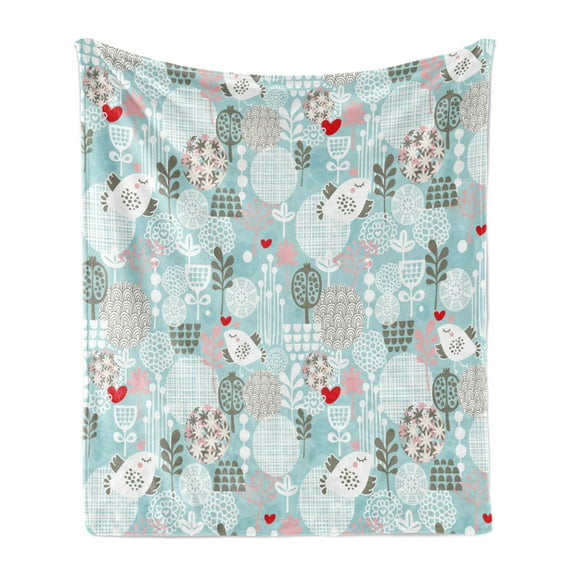 Floral Soft Flannel Fleece Throw Blanket, Valentines Day Themed Little Birds Hearts and Numerous Abstract Flower Concepts, Cozy Plush for Indoor and Outdoor Use, 70" x 90", Multicolor, by Ambesonne
