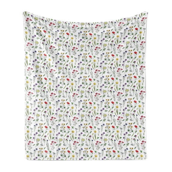 Floral Soft Flannel Fleece Throw Blanket, Various Endemic Wildflowers Botanical Spring Elements on a White Background, Cozy Plush for Indoor and Outdoor Use, 50" x 70", Multicolor, by Ambesonne
