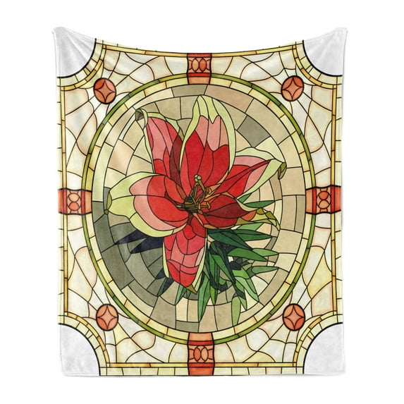 Floral Soft Flannel Fleece Throw Blanket, Vector Antique Glass Image Flower Lily Like Design with Leaves and Buds Artwork, Cozy Plush for Indoor and Outdoor Use, 50" x 70", Multicolor, by Ambesonne