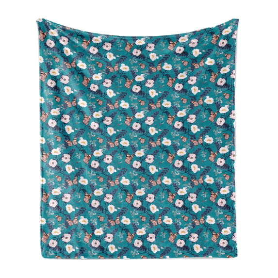 Floral Soft Flannel Fleece Throw Blanket, Vibrant Selective Color Palette Floral Pattern Butterflies Petals, Cozy Plush for Indoor and Outdoor Use, 50" x 60", Multicolor, by Ambesonne