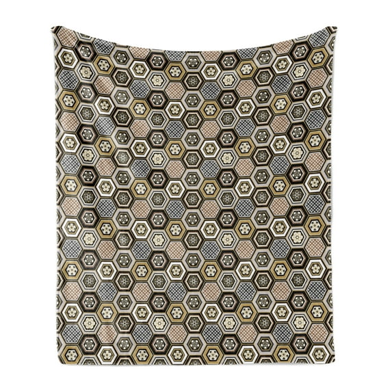 Floral Soft Flannel Fleece Throw Blanket, Victorian Damask Baroque Hexagon Rococo Interlocking Abstract Design, Cozy Plush for Indoor and Outdoor Use, 60" x 80", Pale Coffee Warm Taupe, by Ambesonne