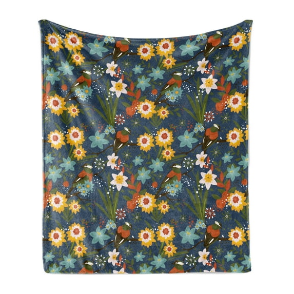 Floral Soft Flannel Fleece Throw Blanket, Vintage Birds Blossoms Art Abstract Arrangement with Berries Print, Cozy Plush for Indoor and Outdoor Use, 50" x 70", Multicolor, by Ambesonne