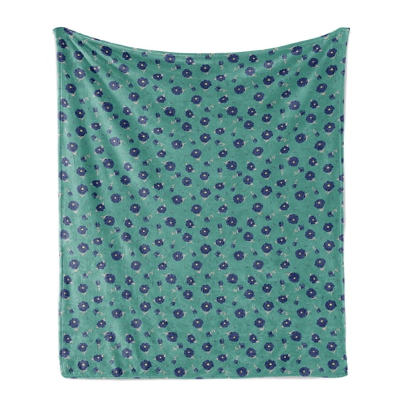 Floral Soft Flannel Fleece Throw Blanket, Vintage Blooms Pastel Flower Branches Classic Romantic Retro Spring Time, Cozy Plush for Indoor and Outdoor Use, 70" x 90", Navy Blue Turquoise, by Ambesonne