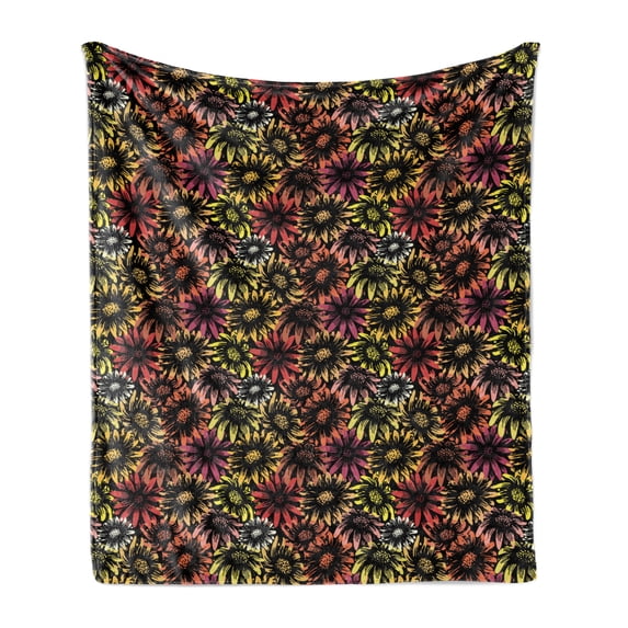 Floral Soft Flannel Fleece Throw Blanket, Vintage Daisy and Sunflowers Retro Grunge Vibrant Pattern Print, Cozy Plush for Indoor and Outdoor Use, 70" x 90", Multicolor, by Ambesonne
