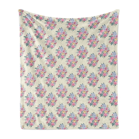 Floral Soft Flannel Fleece Throw Blanket, Vintage Floral Drawing Style Classical in Pastel Colors Rhythmic Pattern, Cozy Plush for Indoor and Outdoor Use, 70" x 90", Eggshell Multicolor, by Ambesonne