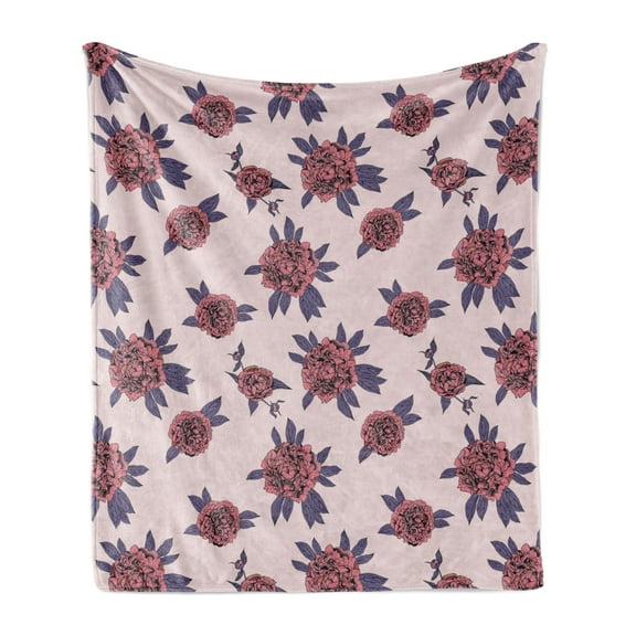 Floral Soft Flannel Fleece Throw Blanket, Vintage Grown Peony Flowers with Leaves in Continuous Pattern, Cozy Plush for Indoor and Outdoor Use, 70" x 90", Blush Pale Eggplant, by Ambesonne