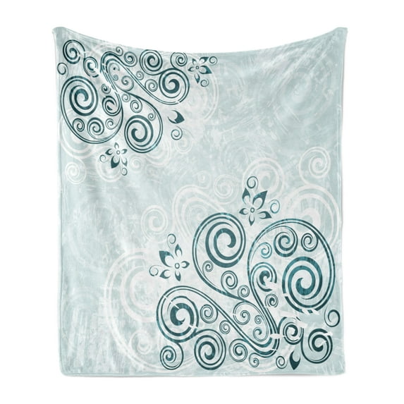 Floral Soft Flannel Fleece Throw Blanket, Vintage Inspired Swirled Lines Leaves Petals Shabby Classic Image Print, Cozy Plush for Indoor and Outdoor Use, 50" x 70", Baby Blue Jade Green, by Ambesonne