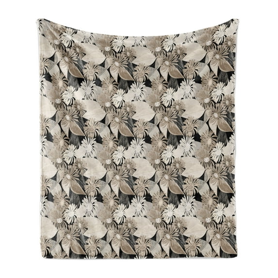 Floral Soft Flannel Fleece Throw Blanket, Vintage Plant Arrangement with Soft Colors Faded Foliage Leaves Natural Vegetation, Cozy Plush for Indoor and Outdoor Use, 50" x 60", Tan Black, by Ambesonne