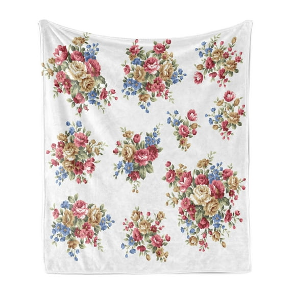 Floral Soft Flannel Fleece Throw Blanket, Vintage Rose Flower Bouquets Romance Love Wedding Themed Nostalgic Image, Cozy Plush for Indoor and Outdoor Use, 50" x 60", Dark Coral Blue Tan, by Ambesonne