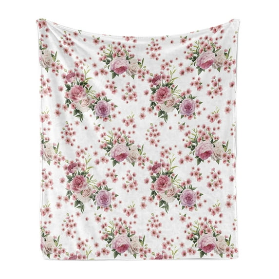 Floral Soft Flannel Fleece Throw Blanket, Vintage Style Blossoming Romantic Flower Arrangements Garden Art, Cozy Plush for Indoor and Outdoor Use, 50" x 70", Dried Rose Green, by Ambesonne