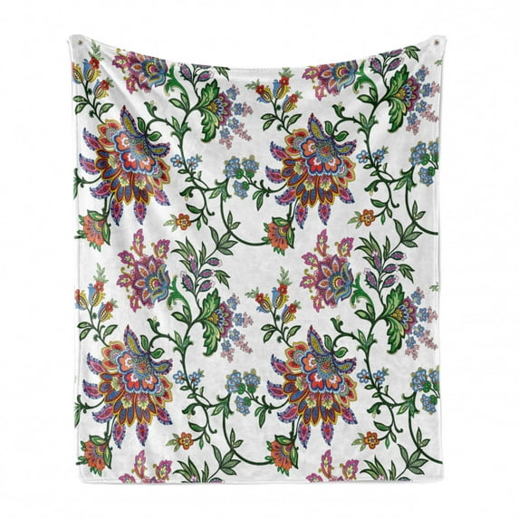 Floral Soft Flannel Fleece Throw Blanket, Vintage Style Ornamental Flower Motifs Flourishing Romantic Spring Leaves Artwork, Cozy Plush for Indoor and Outdoor Use, 70" x 90", Multicolor, by Ambesonne
