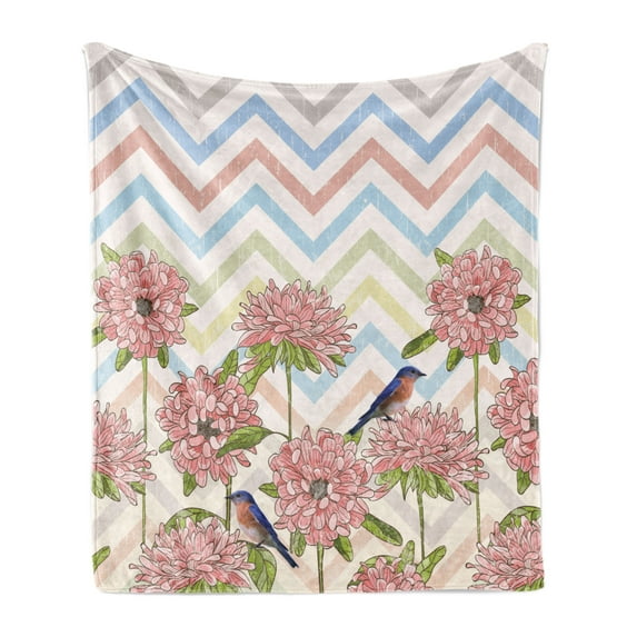 Floral Soft Flannel Fleece Throw Blanket, Vintage Themed Graphic Peony Flowers and Birds on Grunge Zigzags, Cozy Plush for Indoor and Outdoor Use, 50" x 70", Multicolor, by Ambesonne