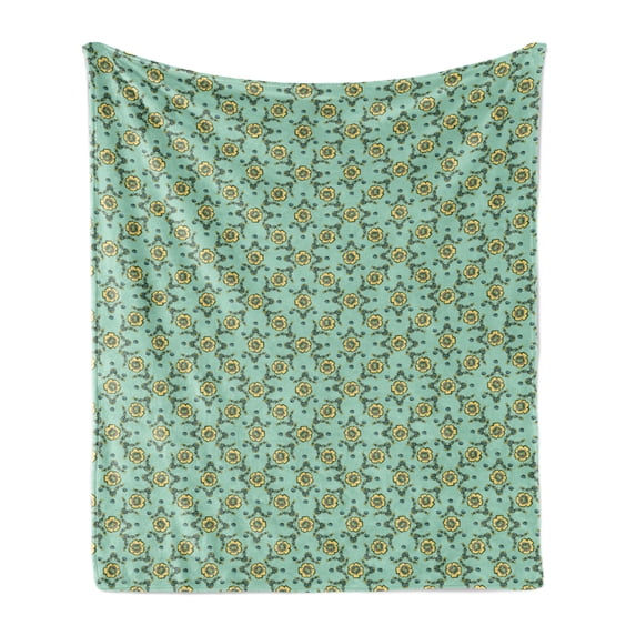Floral Soft Flannel Fleece Throw Blanket, Vintage Twigs and Berries Rose Flowers Ornates Illustration, Cozy Plush for Indoor and Outdoor Use, 70" x 90", Almond Green, by Ambesonne