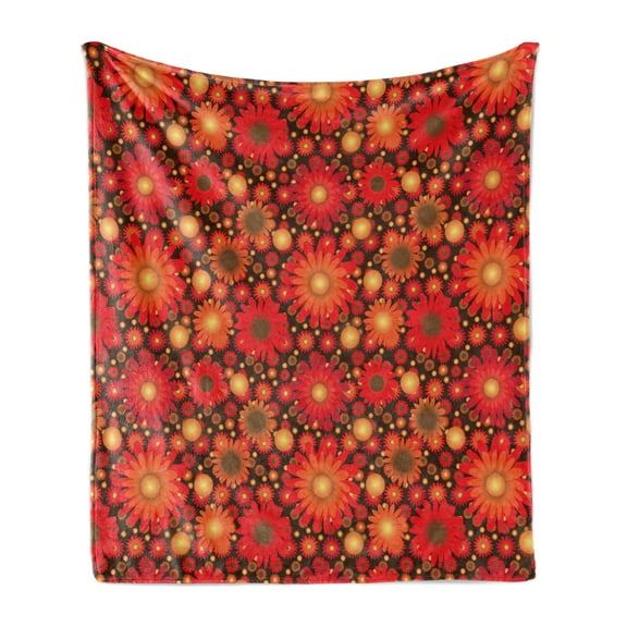 Floral Soft Flannel Fleece Throw Blanket, Vivid Flowers Colored Botanical Composition Gerbera Daisies, Cozy Plush for Indoor and Outdoor Use, 50" x 60", Dark Green Vermilion, by Ambesonne
