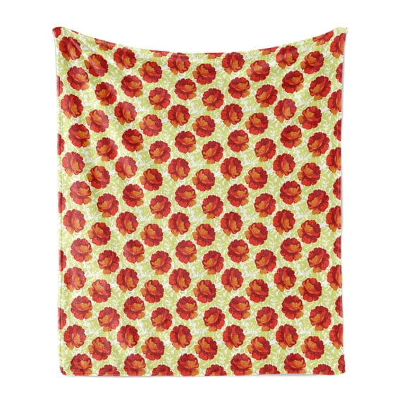 Floral Soft Flannel Fleece Throw Blanket, Warm Colored Spring Flower Blossoming Art on Shadowy Style Leaves Print, Cozy Plush for Indoor and Outdoor Use, 50" x 60", Pale Green Vermilion, by Ambesonne